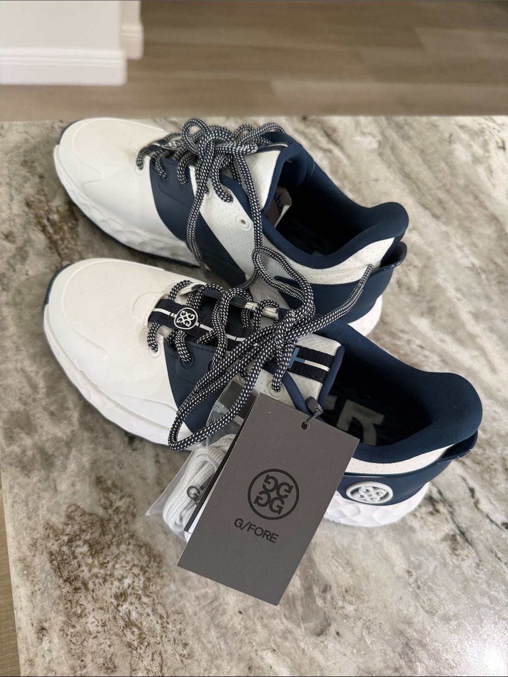 G/FORE White and Navy Sporty Lace-Up Sneakers